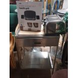 STAINLESS STEEL PREPARATION CATERING STAND TOGETHER WITH BOXED HEALTH GRILL AND 4 SLOT TOASTER