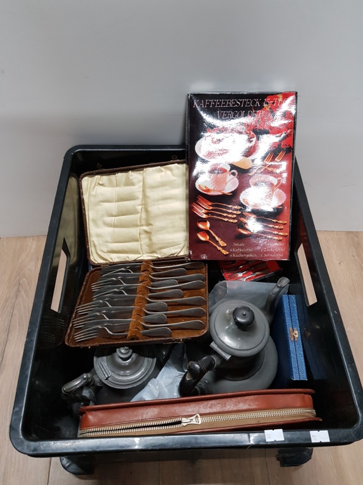 A BOX OF MISCELLANEOUS INC CUTLERY PEWTER WARE ETC