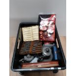 A BOX OF MISCELLANEOUS INC CUTLERY PEWTER WARE ETC