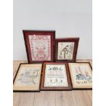 5 ASSORTED FRAMED NEEDLE WORK AND SAMPLERS