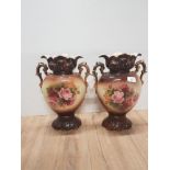 PAIR OF TWIN HANDLED VICTORIAN VASES WITH FLORAL PATTERNED DESIGN