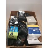 A BOX CONTAINING ASSORTED CAMERAS AND START VIEWERS INC BEIRETTE MINOLTA ETC