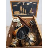 BOX OF ORIENTAL STYLE VASES AND WOODEN PIECES ETC