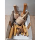 A BOX CONTAINING WOODEN MALLETS INC CHISELS ETC