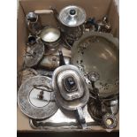 BOX OF SILVER PLATED PIECES INCLUDES TEAPOTS AND CAKE STAND ETC