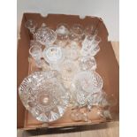 A BOX OF ASSORTED GLASS WARE INC GLASS FLOWER BASKET ETC