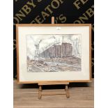 VINCENT LINES RWA VPRWS 1909-1968 FRAMED WATERCOLOUR DOCKYARD SCENE WITH A SHIP UNDER CONSTRUCTION
