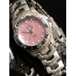 LADIES STAINLESS STEEL TAG HEUR WRIST WATCH WITH PINK MOTHER OF PEARL DIAMOND DOT DIAL, QUARTZ