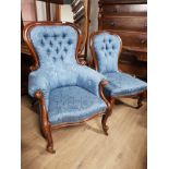 RE-UPHOLSTERED CARVED WALNUT FRAMED VICTORIAN BUTTON BACKED CHAIRS IN A BLUE FABRIC