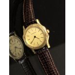 LADIES 18CT YELLOW GOLD JAEGER LE COULTRE WRIST WATCH WITH GOLD DIAL & BLACK LEATHER STRAP - NO