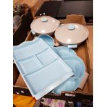 A BOX CONTAINING TWINTONE SKY BLUE AND DOVE GREY POOLE POTTERY