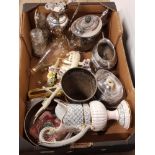 BOX OF MISCELLANEOUS CHINA AND SILVER PLATED PIECES INCLUDES SHEFFIELD TEAPOT AND MALING ASH TRAY