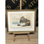 COLONEL A F P HARCOURT C1835-1910 FRAMED AND GLAZED WATERCOLOUR TITLED "KYNANCE COVE, CORNWALL" ON