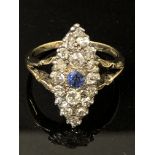 LADIES 9CT YELLOW GOLD MARQUIS SHAPED RING SET WITH ONE ROUND CUT TANZANITE STONE SURROUNDED BY