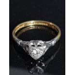 18CT YELLOW GOLD AND PLATINUM HEART SHAPED RING SET WITH A SINGLE ROUND CUT DIAMOND SIZE M1/2