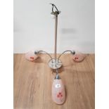 3 WAY CHROME EFFECT HANGING LIGHT FITTING WITH 3 PINK GLAS SHADES AND SHOOTING STAR DECOR