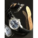 LADIES STAINLESS STEEL OMEGA AUTOMATIC GENEVE WRIST WATCH WITH BLUE DIAL AND BLACK LEATHER STRAP -