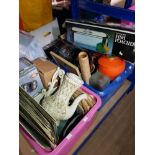 2 BOXES OF MISCELLANEOUS ITEMS INCLUDING LP RECORDS AND HOMEDICS MASSAGER ETC