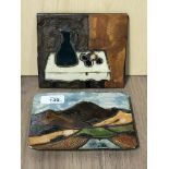 TWO ADAM DWORSKI WYE POTTERY PLAQUES OF LANDSCAPE AND STILL LIFE 16CM & 15CM WIDE