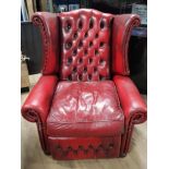 RED LEATHER CHESTERFIELD MANUAL RECLINING ARMCHAIR