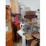 A HUGE LOT OF HOUSEHOLD ITEMS INC NEST OF TABLES PINE BOOKSHELF MIRRORED BATHROOM CABINET ETC