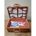 WICKER PICNIC BASKET AND CONTENTS