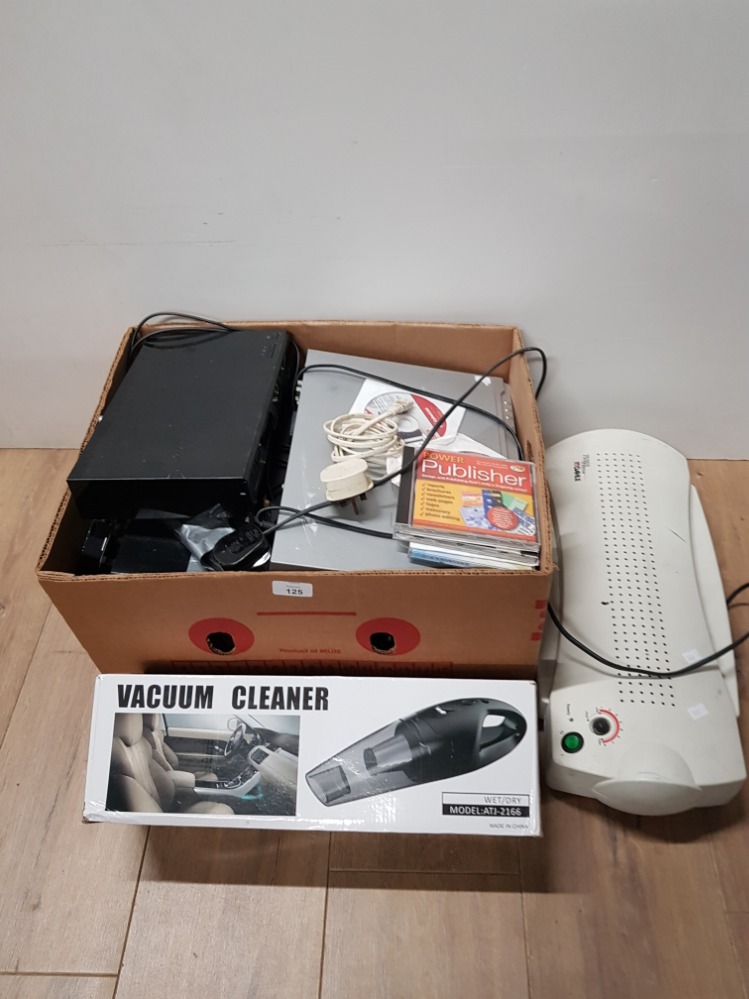 A BOX CONTAINING DVD PLAYERS VACUUM CLEANERS ETC