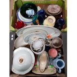 2 BOXES OF BRIC A BRAC INCLUDING GRENVILLE DINNERWARE AND 6 ROYAL DOULTON BLUE AND WHITE BOWLS