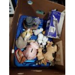 A BOX CONTAINING MISCELLANEOUS PIG ORNAMENTS AND PIGGY BANKS