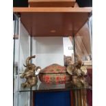 PAIR OF BRASS ELEPHANT BOOKENDS TOGETHER WITH WOVEN SWEET GRASS LIDDED BASKET