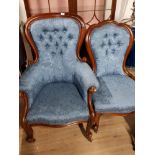 RE UPHOLSTERED CARVED WALNUT FRAMED VICTORIAN BUTTON BACKED CHAIRS IN BLUE FABRIC
