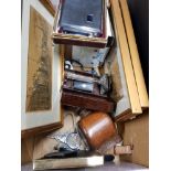 BOX CONTAINING VINTAGE EVER READY RAZOR TABLE LIGHTER AND FRAMED ETCHINGS ETC