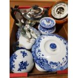 BOX CONTAINING BAROMETER AND SILVER PLATED TEAPOT PLUS 2 NAO DUCK ORNAMENTS ETC