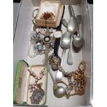BOX CONTAINING MISCELLANEOUS COSTUME JEWELLERY AND SPOONS PLUS HALLMARKED SILVER FOB ETC