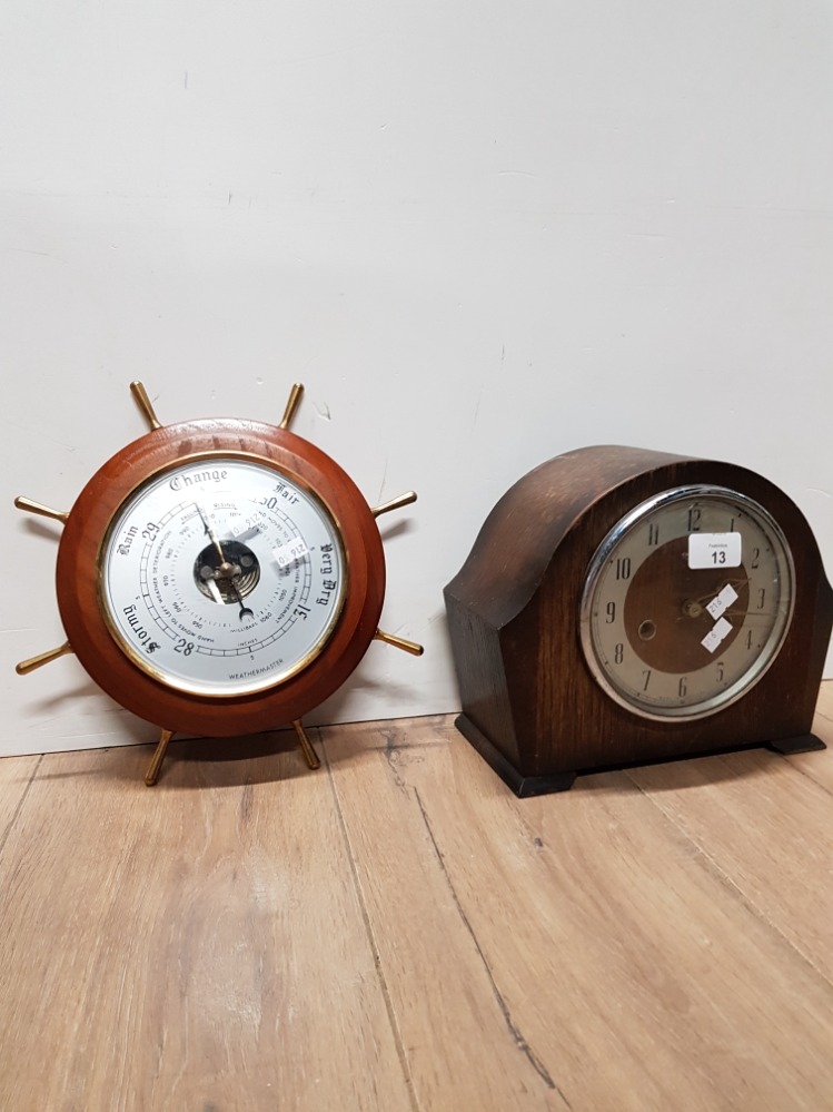 OAK MANTLE CLOCK TOGETHER WITH A SHIPS WHEEL BAROMETER