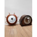 OAK MANTLE CLOCK TOGETHER WITH A SHIPS WHEEL BAROMETER