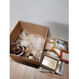 2 BOXES OF MISCELLANEOUS SUCH AS CRYSTAL GLASS WARE AND A QUANTITY OF PICTURE FRAMES