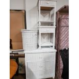 WICKER 3 DRAWER BATHROOM UNIT TOGETHER WITH MATCHING LAUNDRY BASKET AND A PAIR OF SINGLE DRAWER SIDE