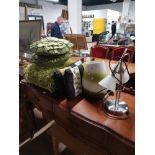 A 2 BRANCH TABLE LAMP TOGETHER WITH A VASE AND ASSORTED CUSHIONS