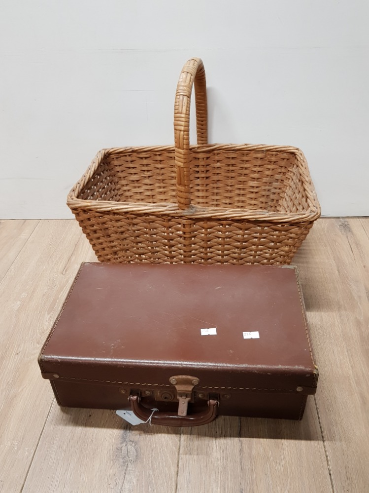 BROWN LEATHER EVACUATION CASE TOGETHER WITH WICKER BASKET
