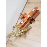 SOLID BRASS BOMBER PLANE ON STAND AND 1 WOODEN MODEL BI PLANE
