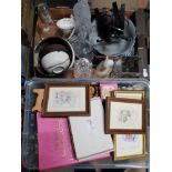 2 BOXES CONTAINING DECANTERS AND BEATRIX POTTER FRAMED PRINTS ETC