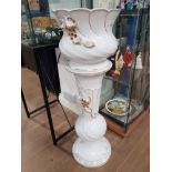 CREAM AND GILT PLANTER ON PEDESTAL STAND