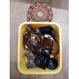 A BOX CONTAINING MISCELLANEOUS ITEMS SUCH AS NIKON CAMERA WOOD CARVING ETC