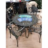 CIRCULAR TOPPED METAL GARDEN TABLE AND 4 MATCHING CHAIRS