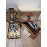 BOXED VINTAGE FALKS ROBOT AUTOMATIC TOASTER GUARANTEE DATED 1953 PLUS BOX OF NICKEL CUTLERY