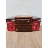 2 VINTAGE SINGLE DRAWER TABLE BOXES TOGETHER WITH 4 BOXED ULTRA 1200 HAIRDRYERS