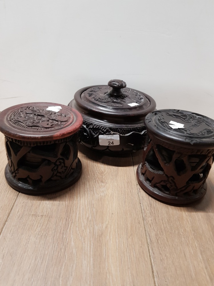 CARVED AFRICAN HARD WOOD COASTERS AND STAND WITH LIDDED BOWL