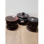CARVED AFRICAN HARD WOOD COASTERS AND STAND WITH LIDDED BOWL