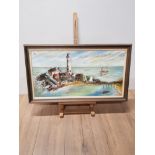 FRAMED OIL ON CANVAS OF ST MARYS LIGHTHOUSE SIGNED INDISTINCT